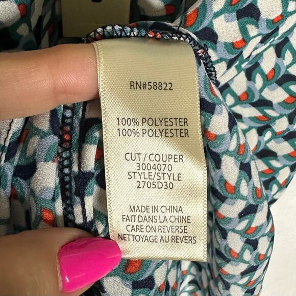 Max Studio Ruched Sleeve Chiffon Blouse Geometric Print Navy Ivory Size S - Picture 8 of 10